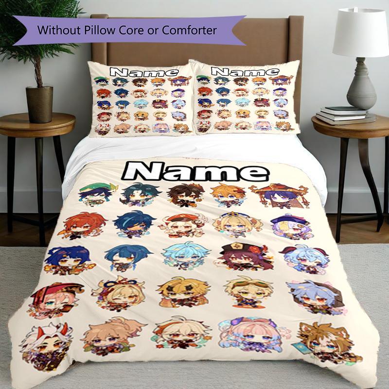 3pcs Duvet Cover Set (1*Duvet Cover + 2*Pillowcase, Without Core), Custom Name Genshin Impact Pattern Bedding Set, Home Bedroom Decor Gift