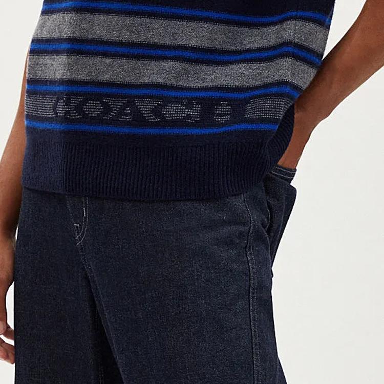 Coach SS24 Striped Logo Embroidered V-Neck Pullover Vest Men tops Navy-Blue CM808-NV-GY