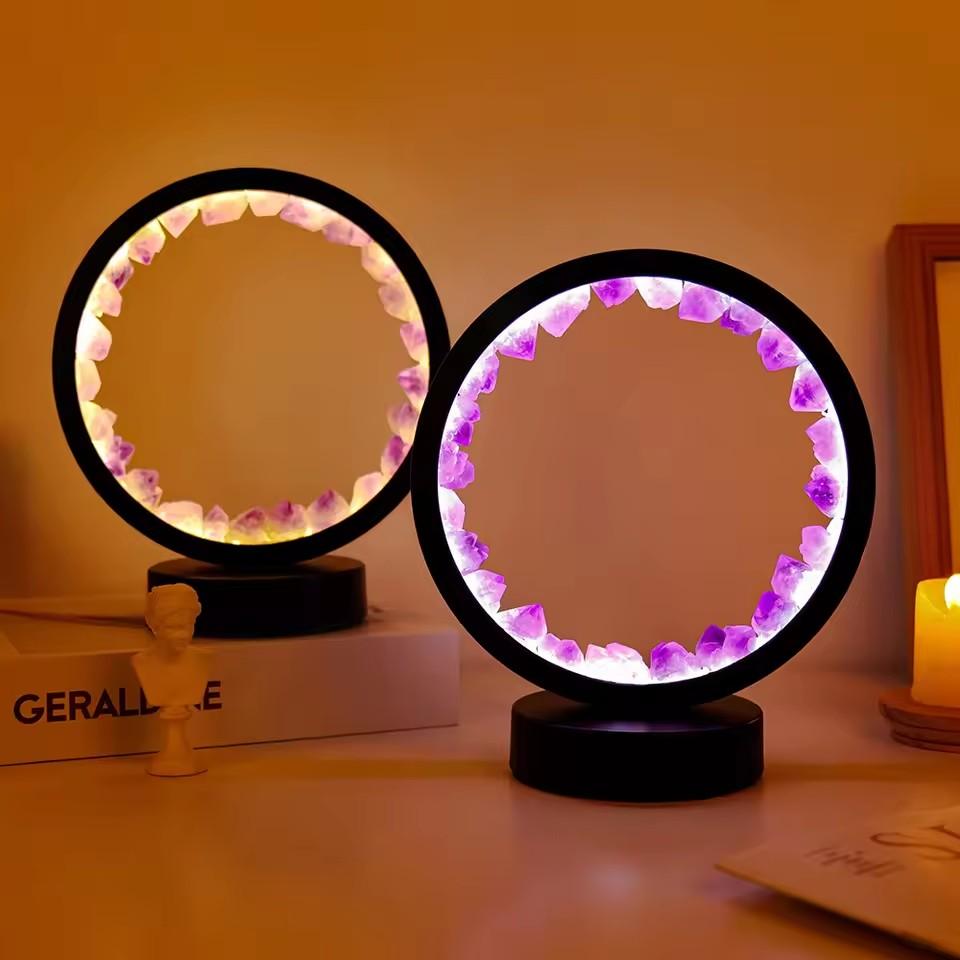 Led Crystal Lamp Room Decoration Natural Gemstone Amethyst Healing Stone Home Decoration Round Lamp