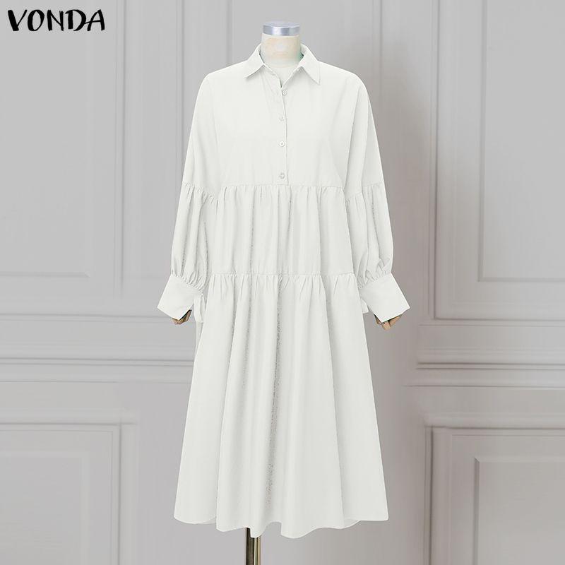 

VONDA Women Casual Turn-down Collar Long Sleeve Solid Loose Long Pleated Dress XL белый