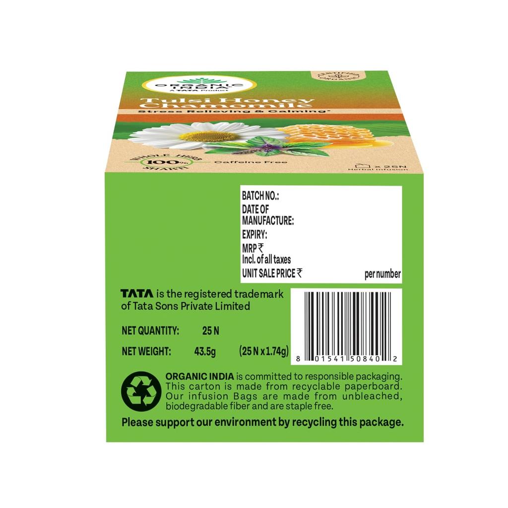 ORGANIC INDIA Tulsi Honig Kamille Aufguss 25 Teebeutel, Bio-zertifiziert, Entspannendes und beruhigendes Getränk