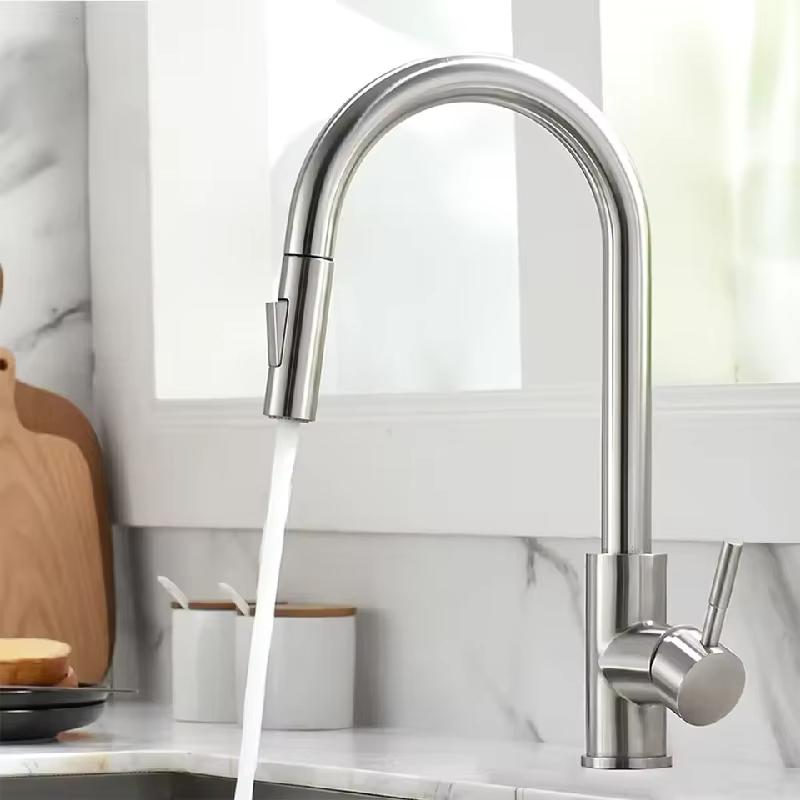 Modern Kitchen Faucet, 360° Rotating + Dual Spray Modes, 304 Stainless Steel, Brushed Finish, Black/silver Accessories.