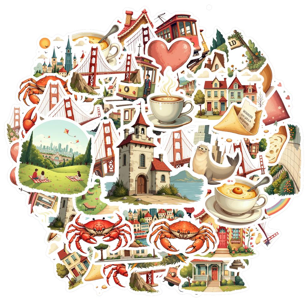 35pcs-70pcs Retro San Francisco Stickers Cartoon Hearts Teacher Reward Stickers Stickers For DIY Phone Guitar Laptop
