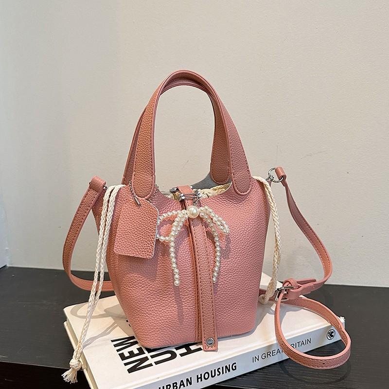 Leather Vegetable Basket Women'S Bag Bucket Bag First Layer Cowhide Lychee Pattern Portable Messenger Girl