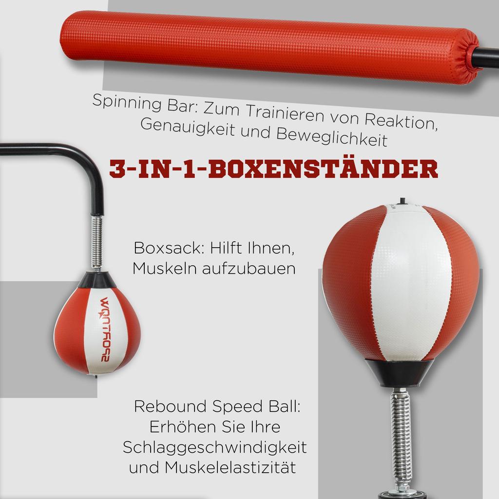 Boxing Stand, Two Speed Balls, Rotating Boxing Bar, Kick Pads, Height-Adjustable, Steel, 107 x 36 x 140-205cm