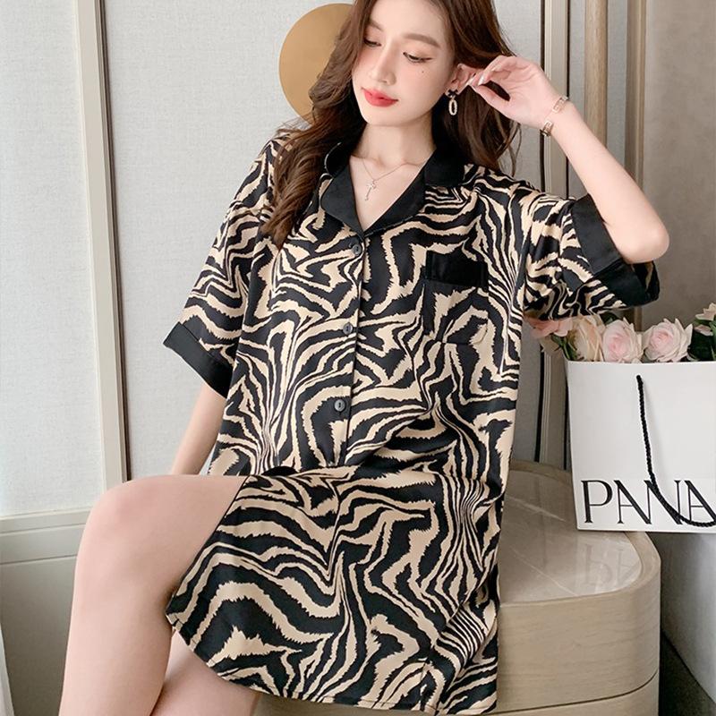 Premium Zebra Pattern Summer Boyfriend Style Pajamas Women'S Short-Sleeved Thin Women'S Striped Loungewear Set