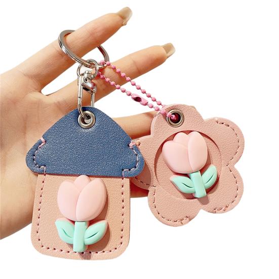 2Pcs Elegant Tulip Key Holder Faux Leather House Shape Keychain
