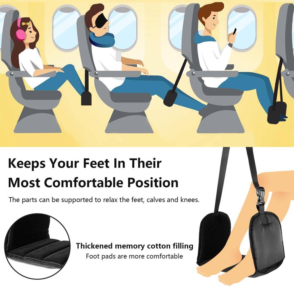 Darohz Airplane Foot Rest Memory Portable Travel Foot Stable Black (Thick Cotton) - Hammock, Adjustable, Foldable, Base,