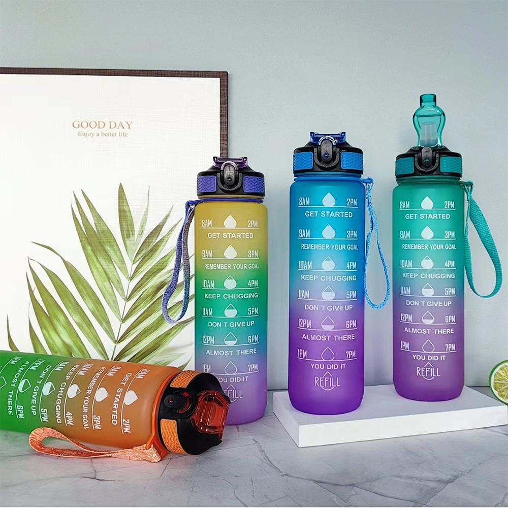 1L Sports Water Bottle With Straw Time Marker Gradient Color Motivational Bottle Leakproof Outdoor Student Drinking Water Cup