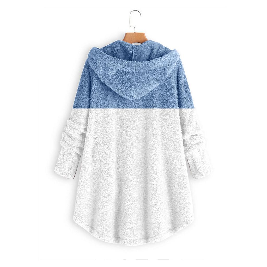 Women's Button Hooded With Pockets Cat Ears Plush Top Irregular Print Splicing Jacket