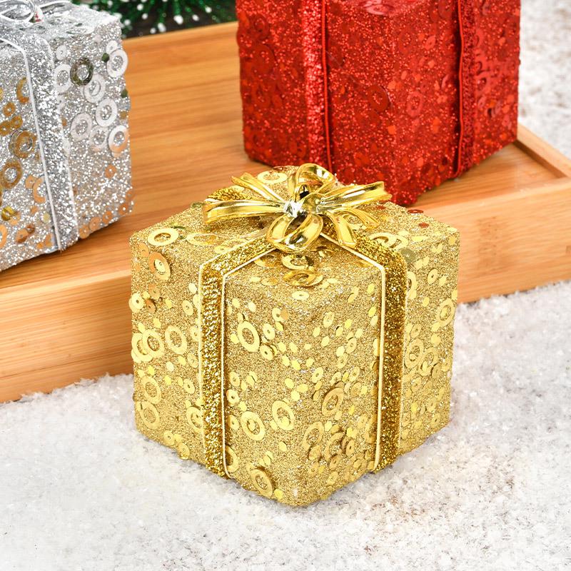 Gold and Red Glitter Gift Box Ornaments for Christmas Tree and Scene Decor