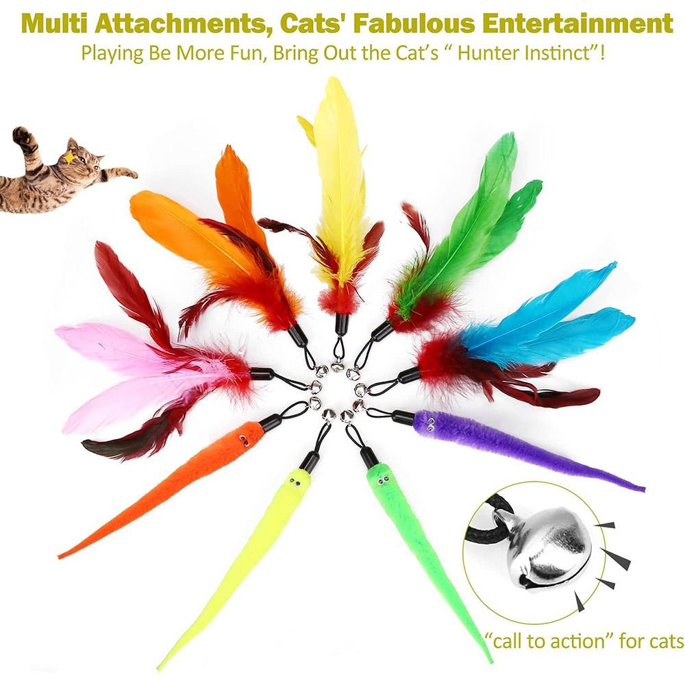

10Pcs/Set Pet Cat Toy Colorful Feather Fishing Rod Caterpillar Bell Replaceable Head Cat Teaser Wand Type A
