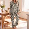 Women's pajamas fashion print long sleeve button-up top pocket pants home casual notch collar V-neck two-piece set