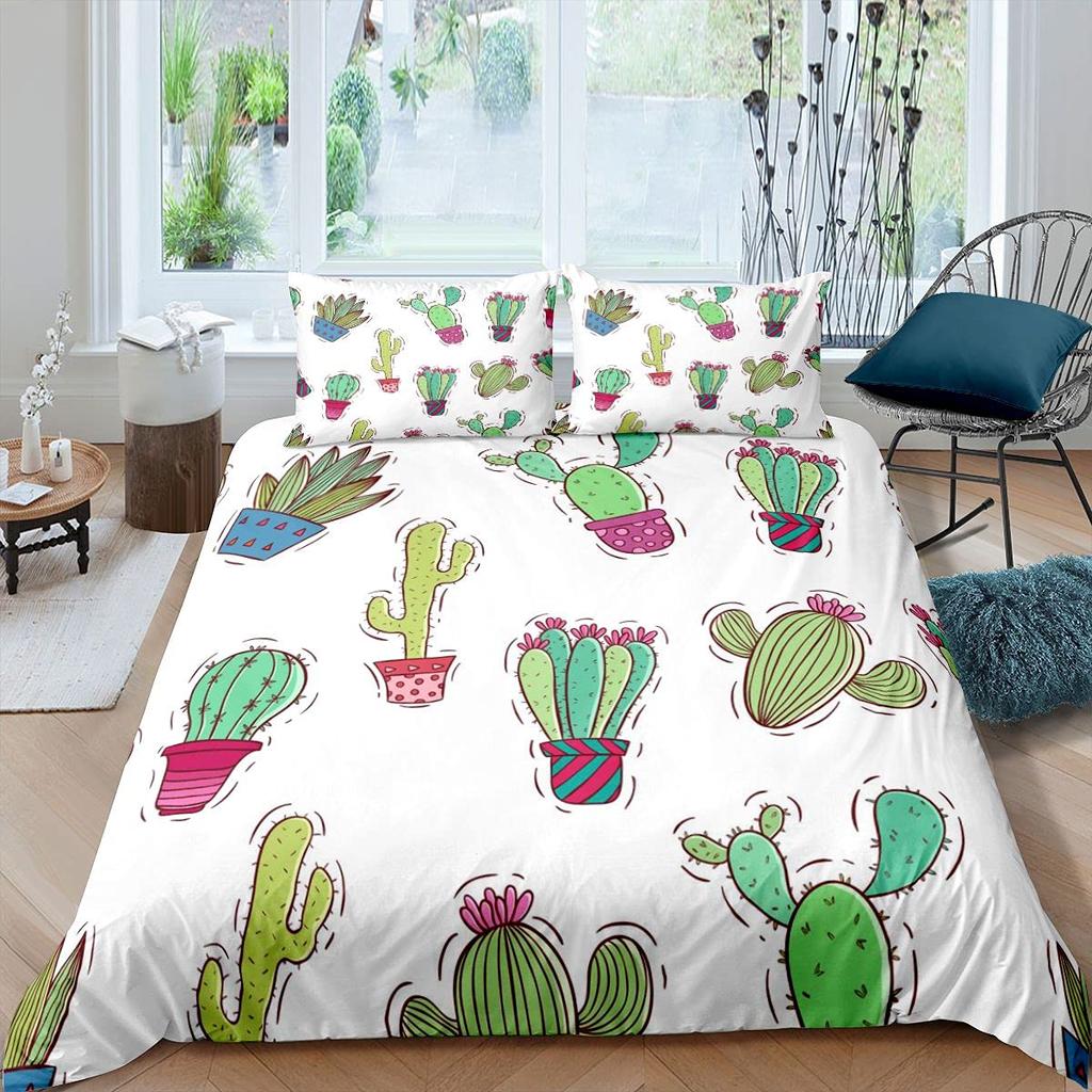 Tropical Botanical Bedding Set Bulbous Cactus Sketch Drawing Comforter Cover Cute Desert Plants Duvet Cover Flower Quilt Cover