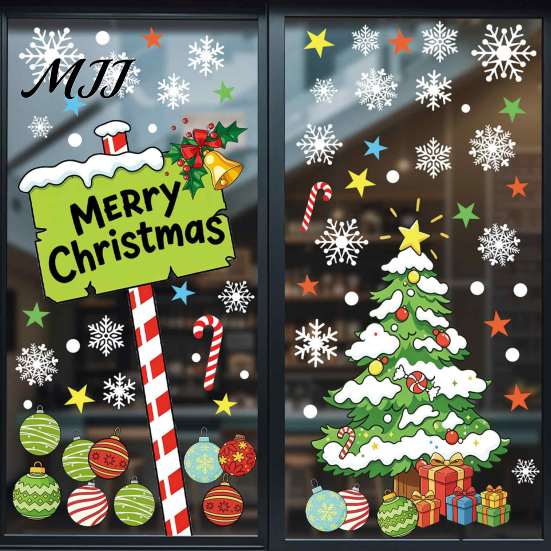 Snowflake Window Stickers 2Pcs Christmas Tree and Merry Sign Clings, PVC Static Glass Stickers, Reusable Decorations Holiday Decals with Star Colorful