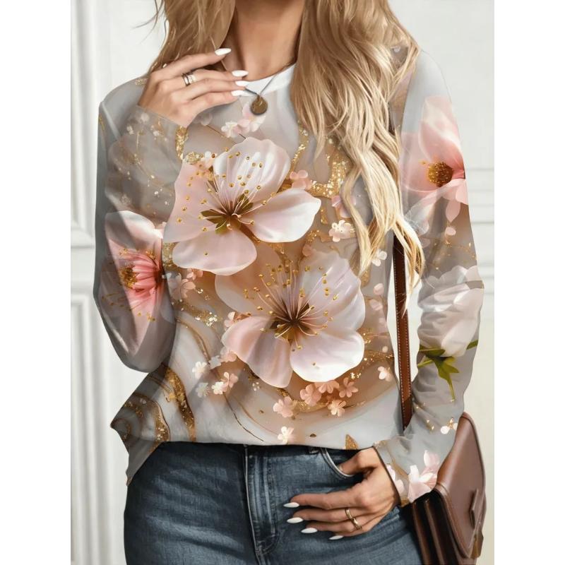 Fashion Women's Crew Neck Long Sleeve 3D Casual Color Printing Casual Short Sleeve Crew Neck T-Shirt