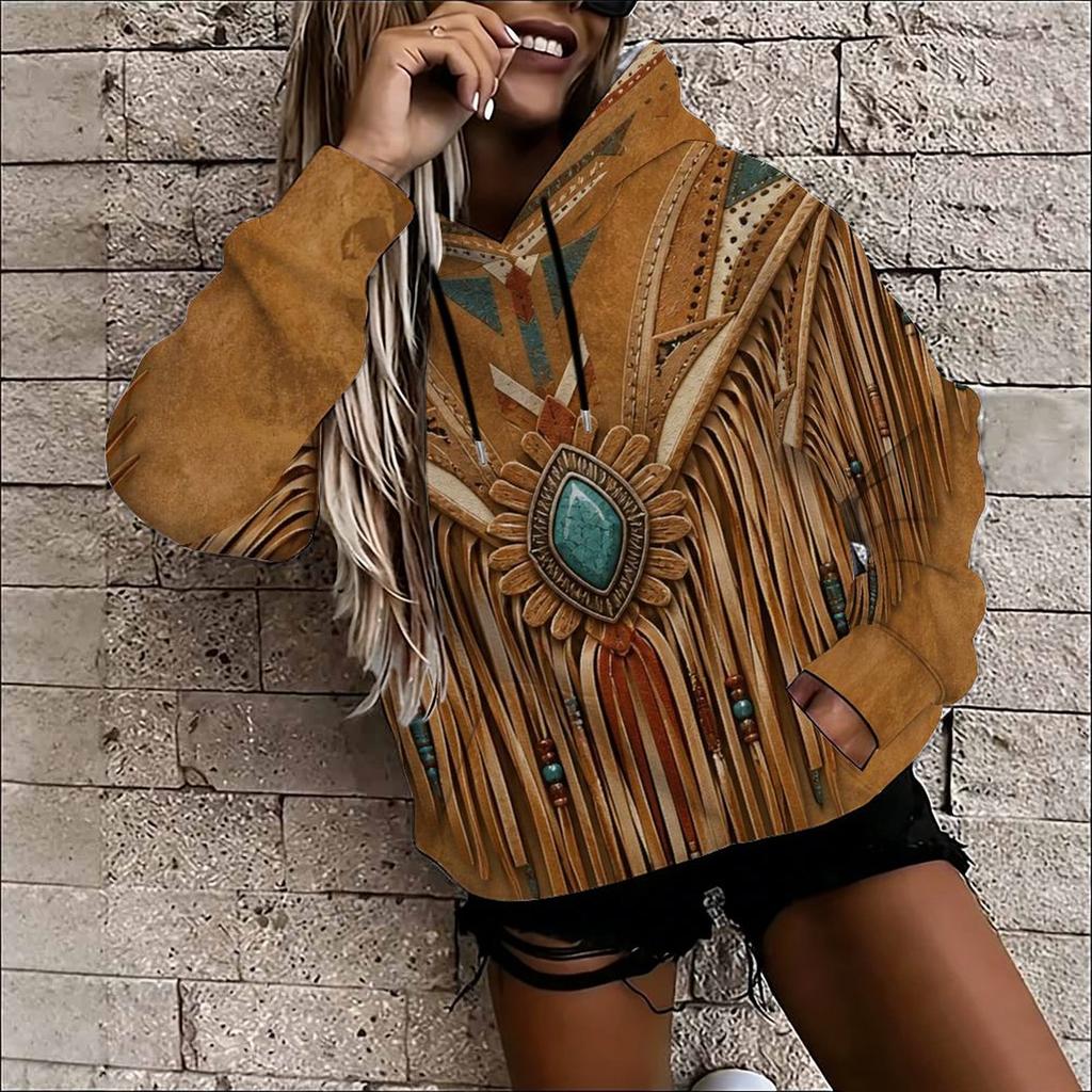 Women Plus Size Black Paisley Printed Long Sleeve Drawstring Hoodie With Kangaroo Pocket