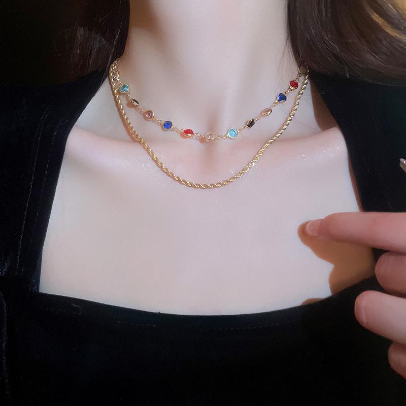 Bohemian Luxury Colorful Crystal Necklace for Women Double Layer Shiny Chain Choker Party Body Statement Jewelry Gifts