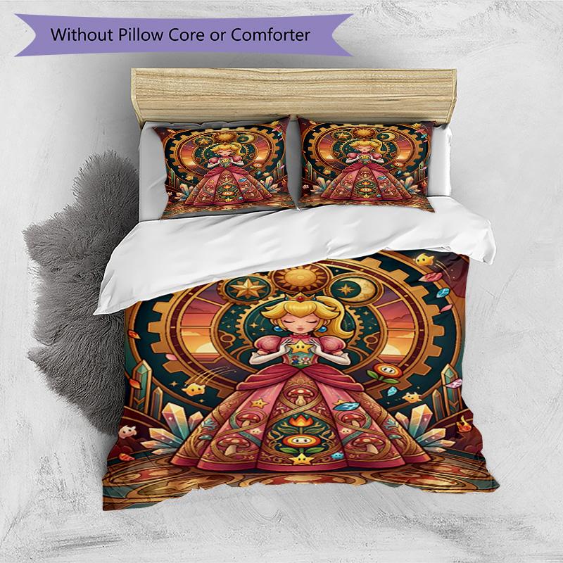 3pcs Duvet Cover Set (1*Duvet Cover + 2*Pillowcase, Without Core), Princess Peach Toadstool Print Bedding Set, Bedroom Decor, All‑Season, Birthday Gif