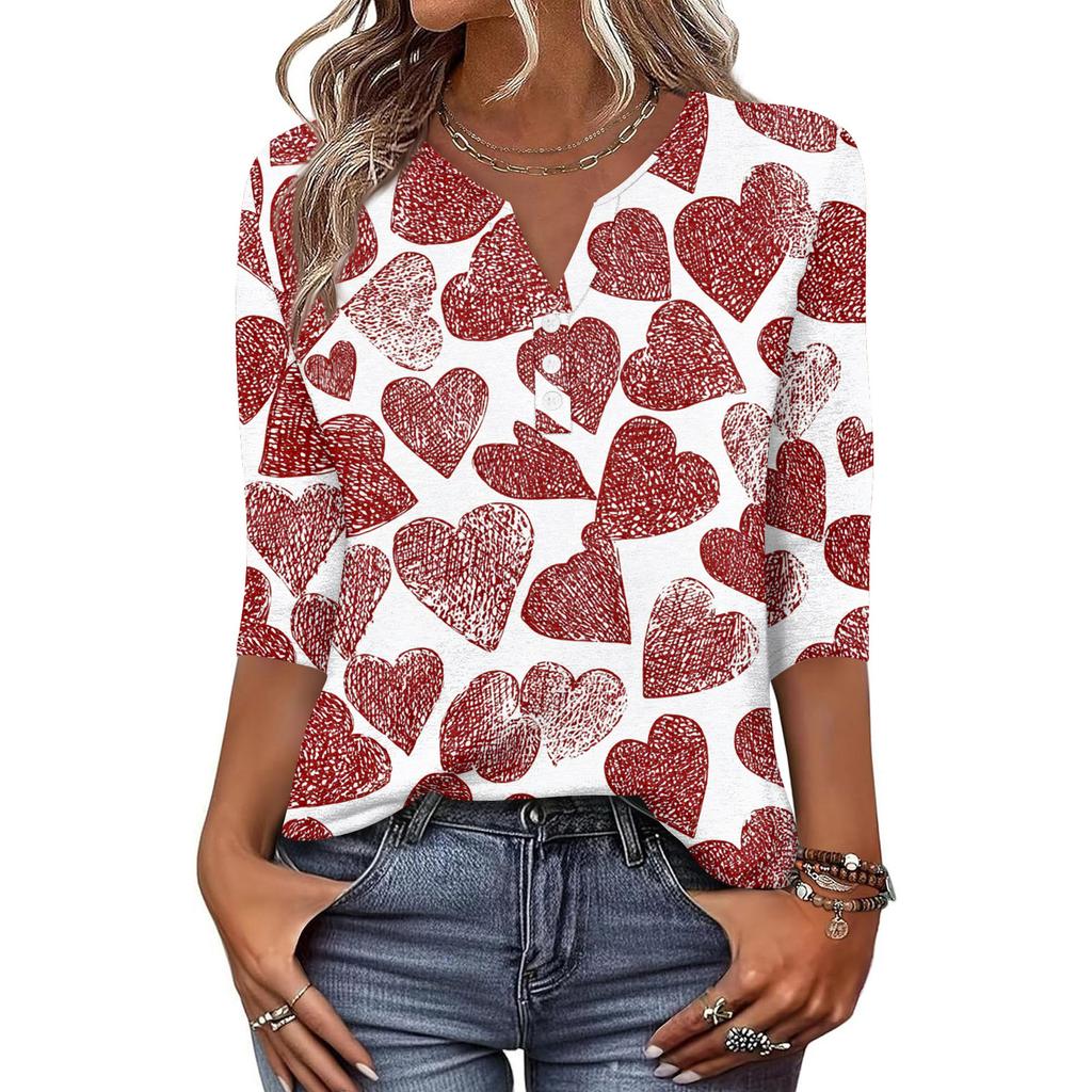 Camiseta feminina estampada com botões, manga 3/4, moda diária, de fim de semana, básica, decote em V, top regular