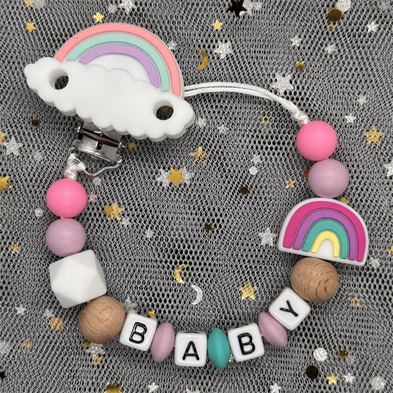 2024 Handmade Customized Name Beech Pacifier Clips Holder Chain Silicone Rainbow Pacifier Chain Baby Teether Teething Chain Gift