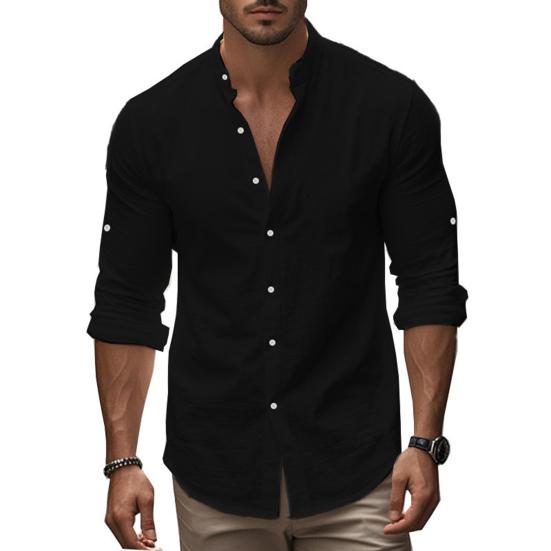 Men Cotton Linen Shirt Long Sleeve Button Down Shirt Band Collar Casual Summer Shirt