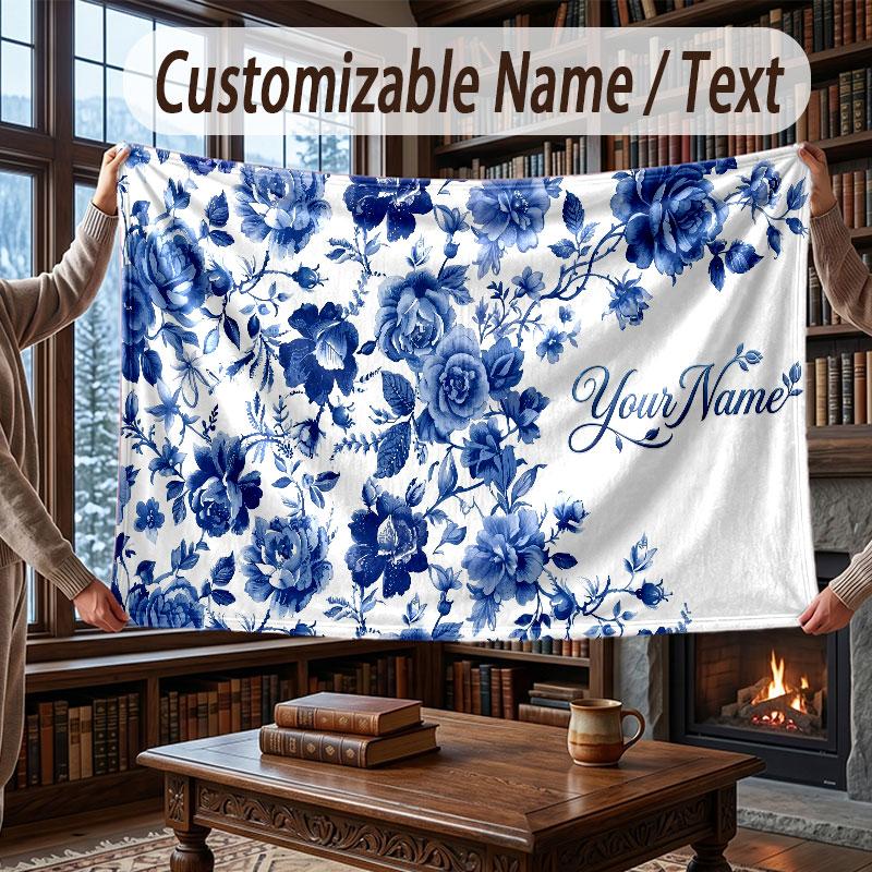 Floral Garden Theme Throw Blanket Custom Name Text Personalized Blanket Soft Cozy Blanket for Home Sofa Bed