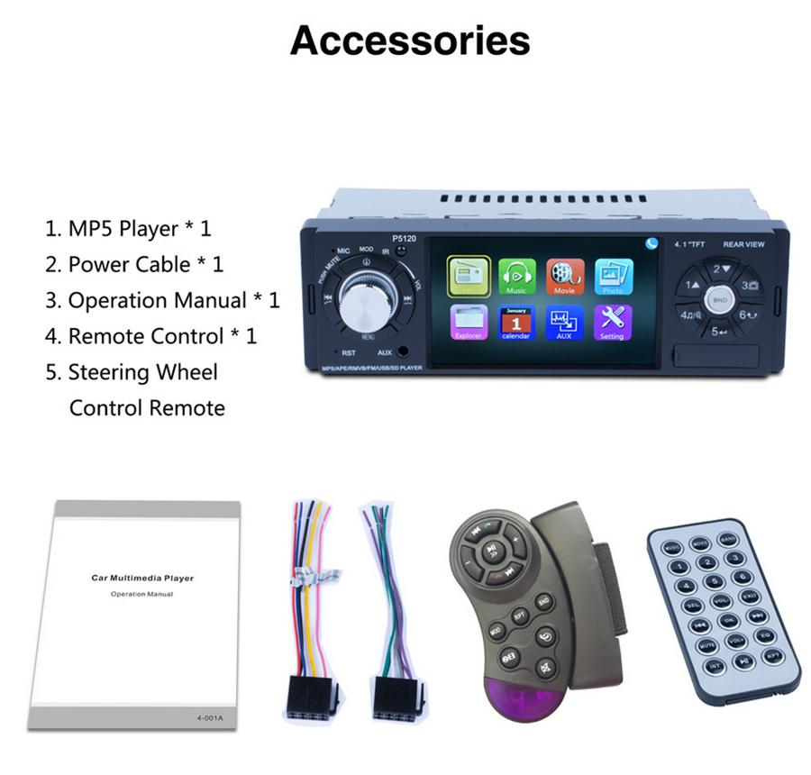 4.1" 1DIN 1080P HD Car In-Dash Digital MP5 Stereo Audio MP3 Player FM Radio Bluetooth 7 Colors Backlight With Steering Wheel  Control Remote