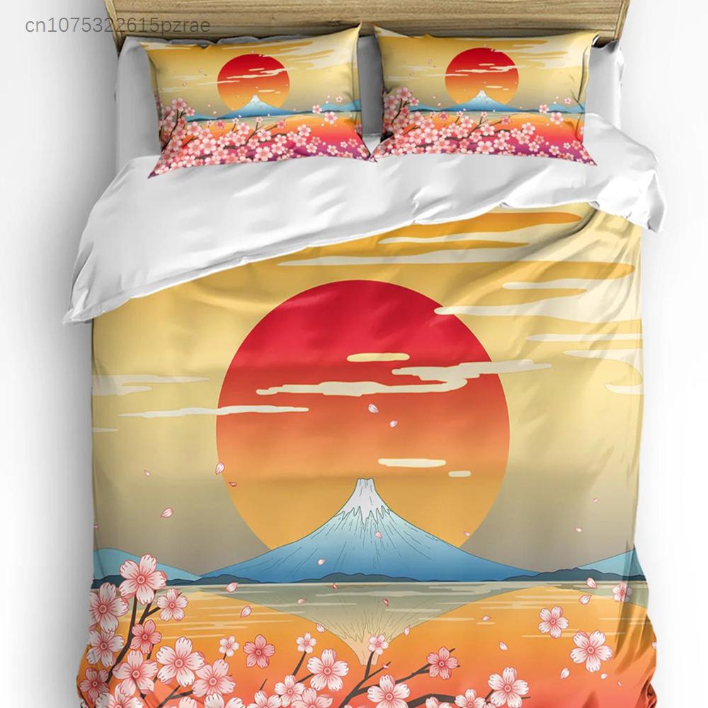 Set Biancheria da Letto Stile Giapponese Gru Fiori di Ciliegio Vintage 3 Pezzi per Letto Matrimoniale Tessili per la Casa Copripiumino Coperta Federa