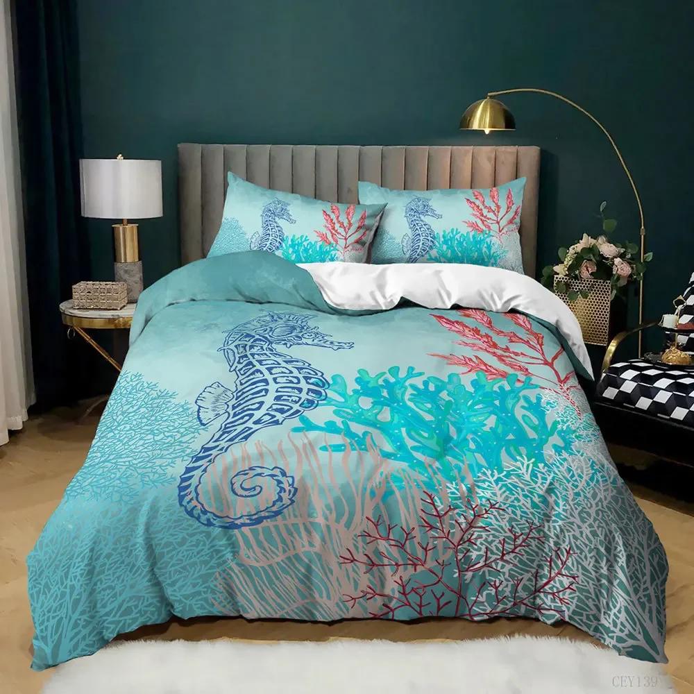 Ocean Bedding Set King/Queen Size Nautical Coastal Bedding,Hippocampus Comforter Cover For Kid Boys Girls,Sea Animal Duvet Cover
