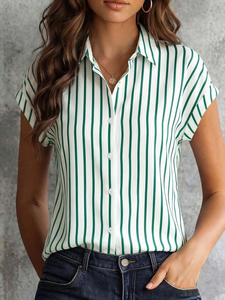 Damen S Gestreiftes Kurzarm Hemd mit Knöpfen Sommer Lässige Bluse