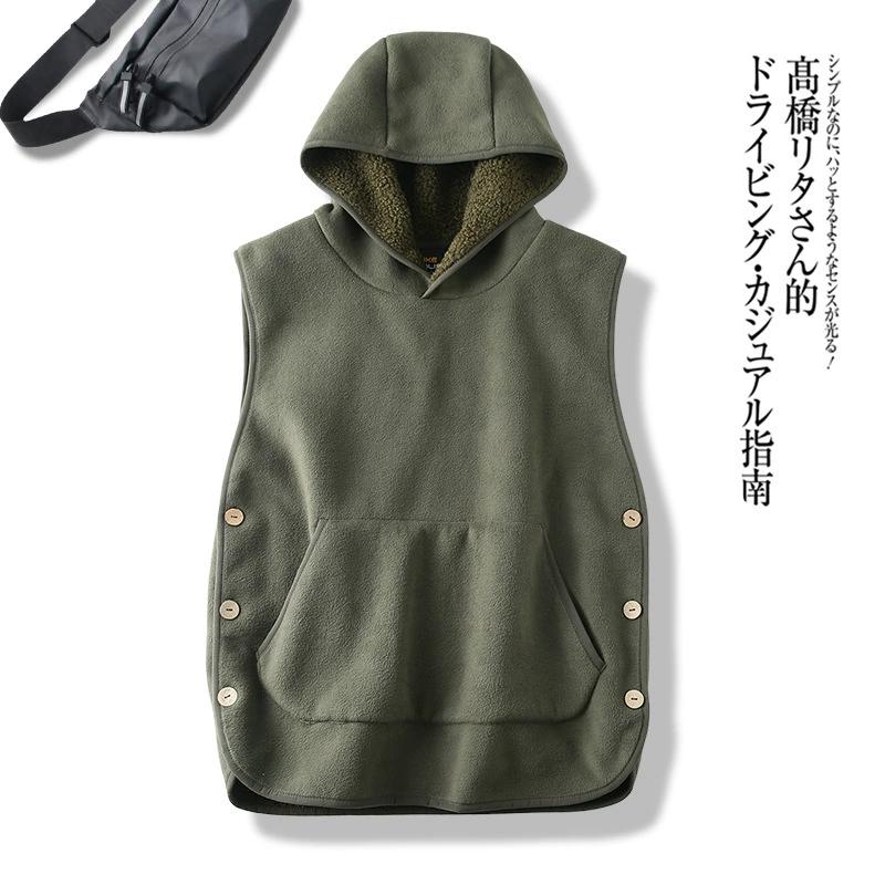 

Lady Thermal Vest Women Side Button Closure Fleece Hooded Vest Solid Color Front Pocket Casual Top for Fall Winter XXXL темно-зелений колір