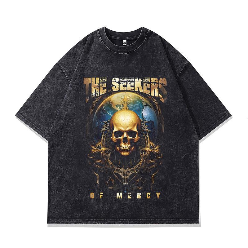 European And American High Street Punk Skull Print Vintage Washed Old Small Neckline Loose Short Sleeve T-Shirt Men