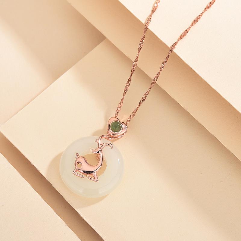 

Hetian Jade Elk Pendant Necklace in 925 Sterling Silver with Rose Gold Plating - Elegant Women s Fashion Jewelry, Ideal for Christmas Gift 925 Sterling Silver