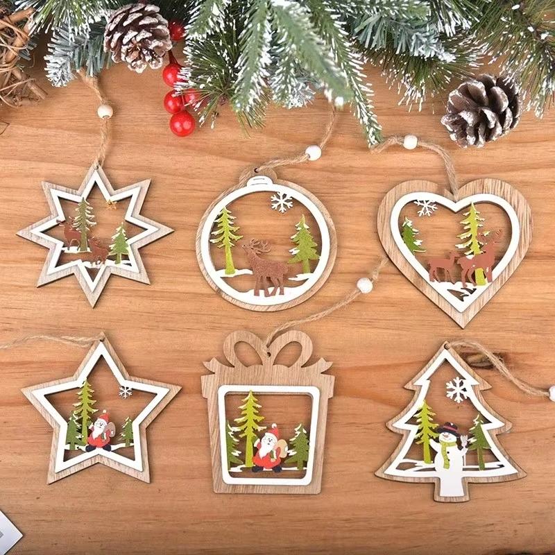 5 Christmas Decorations Wooden Hollow Pendants - Christmas Tree, Elk & Snowman Christmas Atmosphere Decor