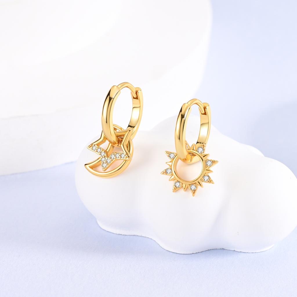 Original 925 Silber Creolen Gold Ohrringe Für Frau Herz Stern Mond Zirkonia Pendientes Modeschmuck