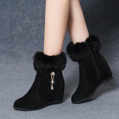 Fashion [Real Rabbit Fur] Wedges Boots for Women Autumn and Winter New Fur Boots with High Cotton All-match Warm Black Boots