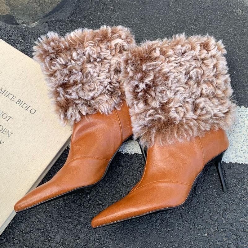 

Fashion Fashion Warm Plush Ankle Boots Women Sexy Pointed Toe Thin High Modern Boots Comfort Non-slip Mid-calf Boots Zapatos De Mujer 35 коричневый