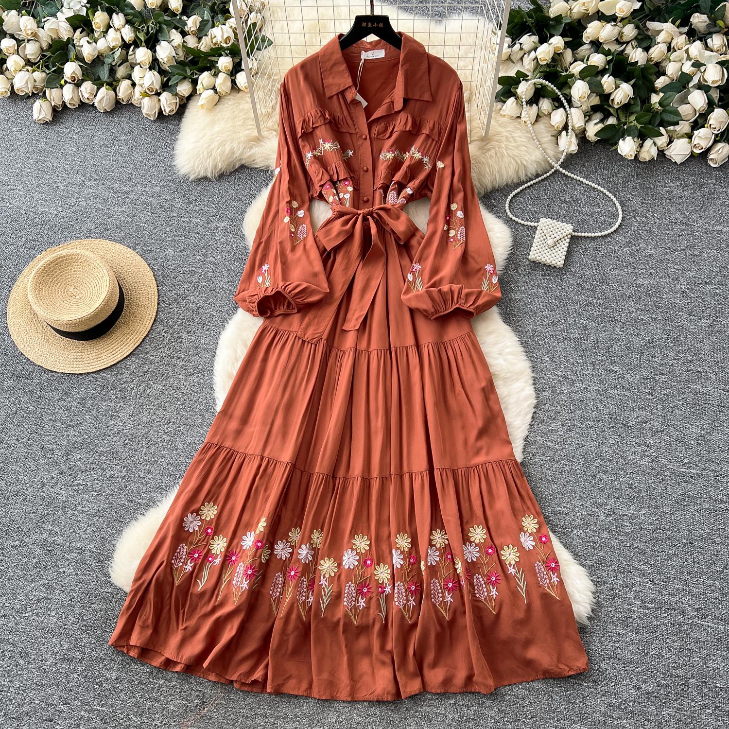 

Винтажное сексуальное платье с длинным рукавом, вышивкой, шнуровкой и пуговицами, шикарные пляжные платья в стиле фейрикор для отпуска, женская одежда One Size коричневый