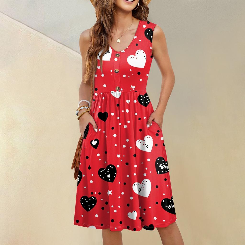 Women's Casual Fashion Sexy V-Neck Button Decoration Sleeveless Valentine's Day Tunic Dress