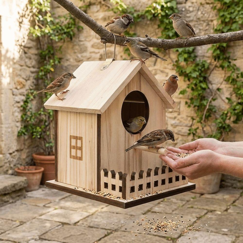 Hanging Wood Bird House Bird Cage Fence Perch Platform Incubation Box Smooth Finish Cottage Style Bird Breeding Box