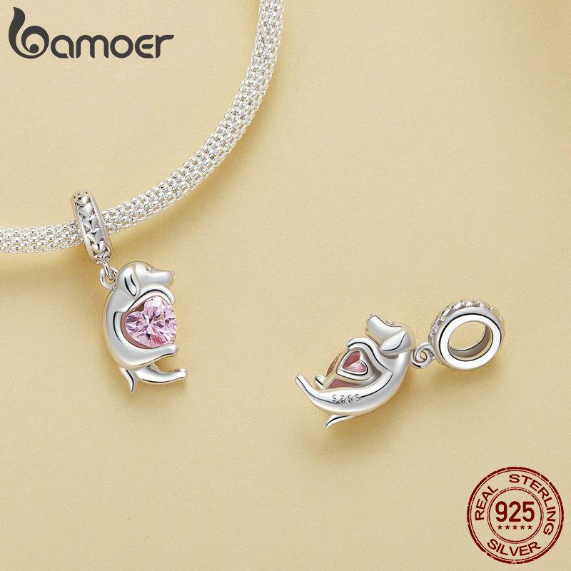 BAMOER Gold Plated Pet Dog Charm Beads for Charm Bracelet, Genuine 925 Sterling Silver Border Collie Dachshund Schnauzer Pendant