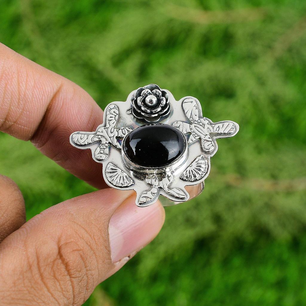 Black Onyx Gemstone Sterling Silver New Flower Anniversary Promise Ring Jewelry