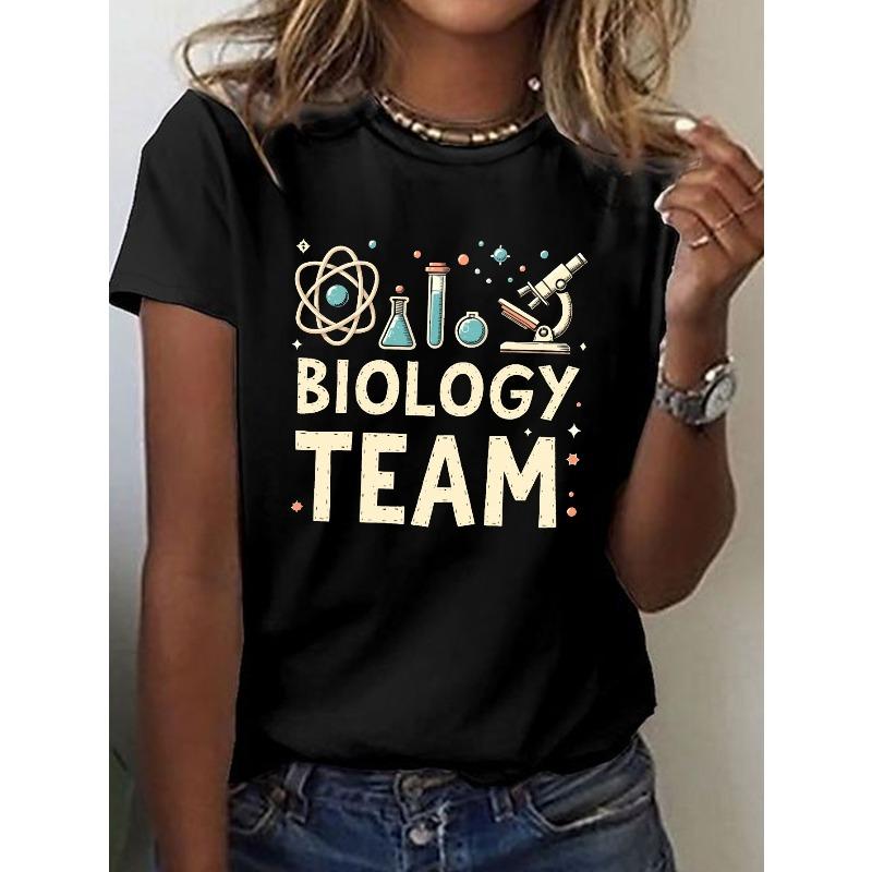 Short-Sleeve Crew Neck Casual Top Featuring A Microscope and Biology Team Theme, Perfect for Summer and Spring, Designed for Women