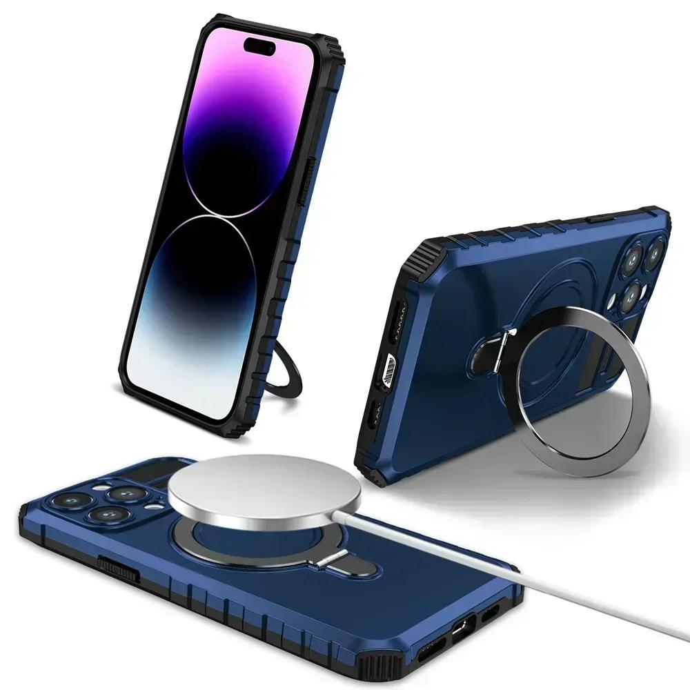 

Armor Ring Stand Magnetic Case for Magsafe IPhone 17 Air 16 15 14 13 12 11 Pro Max Plus 16Pro Kickstand Shockproof Phone Cover iPhone 11 Pro темно-синього кольору