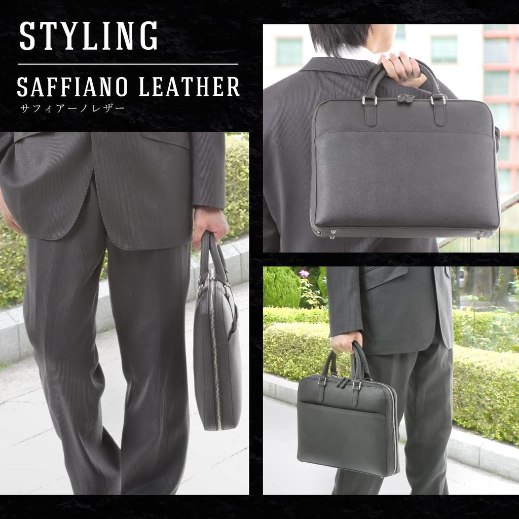 PHLOX Men's Slim Business Bag, Lightweight, A4 Size, Self-Standing, Genuine Leather Briefcase, Women's, Thin, Small, Black Leather (Black X Saffiano