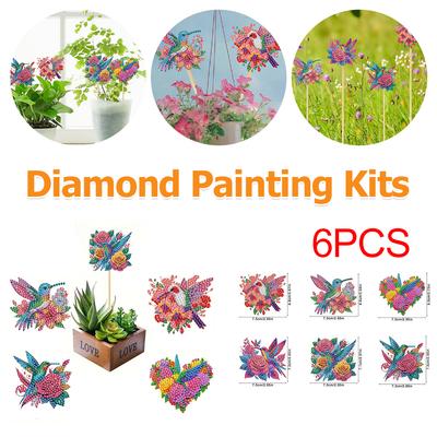 6PCS Diamond Flower Hummingbird Garden Stakes DIY Diamond Painting Art Kits Outdoor Yard Markers Floral Diamond Painting Decor