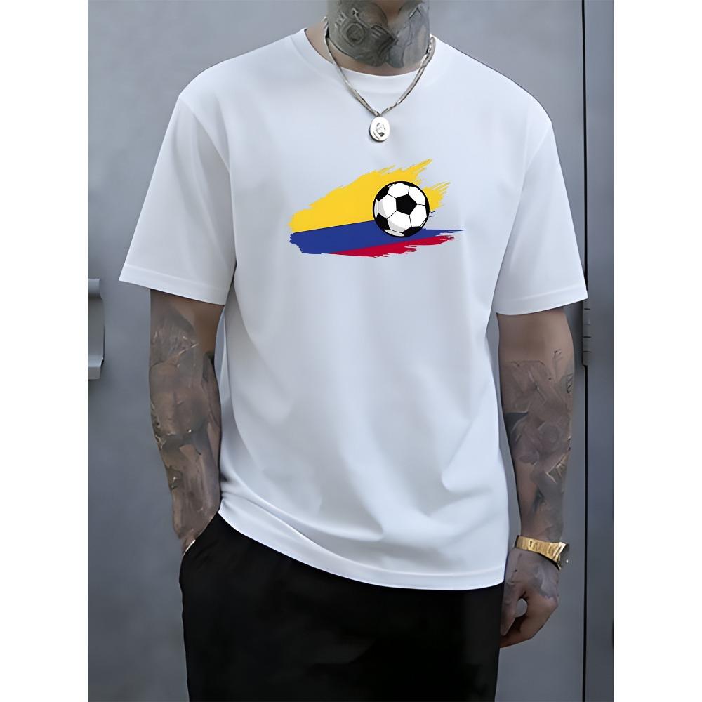 Men Football Colombia Printed Tshirt Casual Round Neck Short Sleeve Summer Knitted Geometric Pattern Men