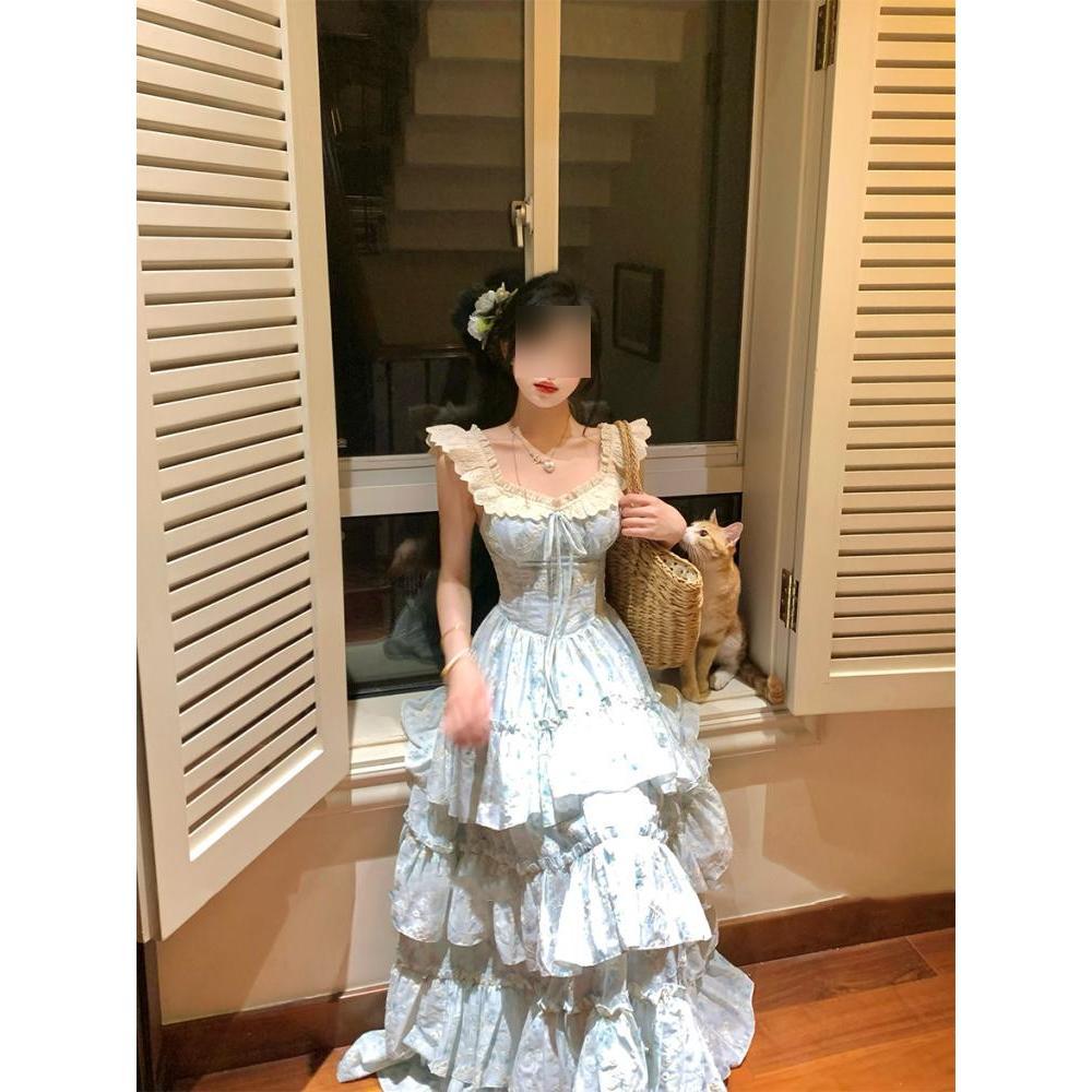 

Сладкие маленькие рукава-фонарики летнее романтичное девичье настроение изысканное нежное цветочное по талии красивое повседневное платье принцессы XL- (recommended 110-60kg) синий