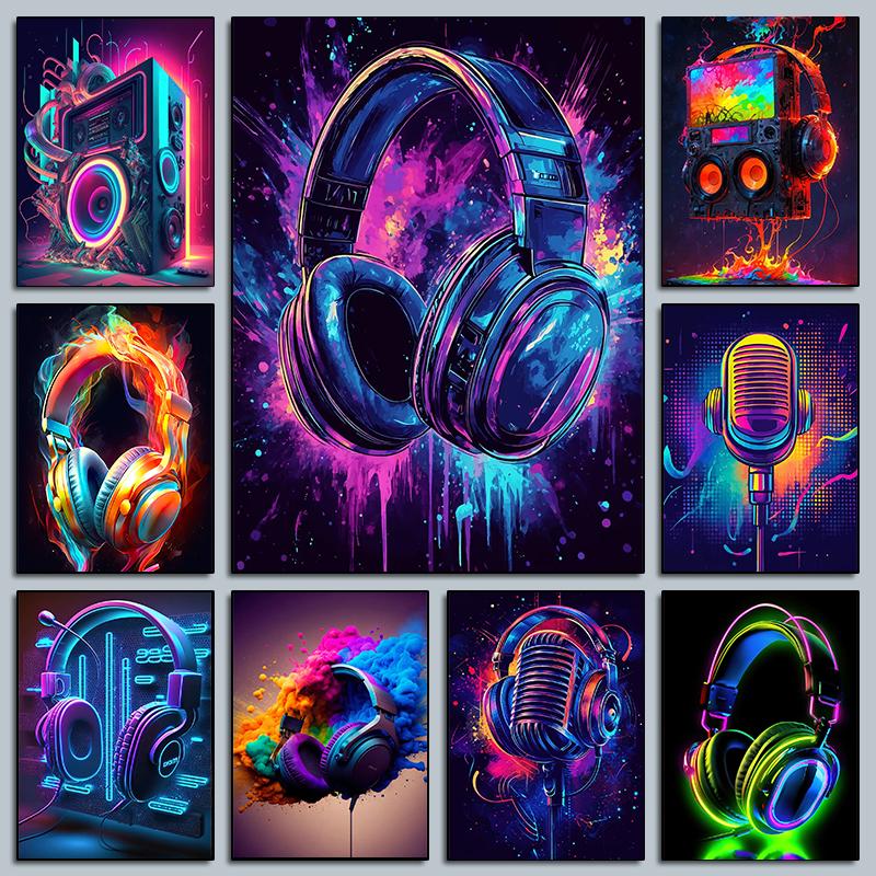 Hot Live Music Neon Headphones DJ Posters Colorful Boombox Microphone Party Prints Canvas Painting Wall Picture Home Room Decor